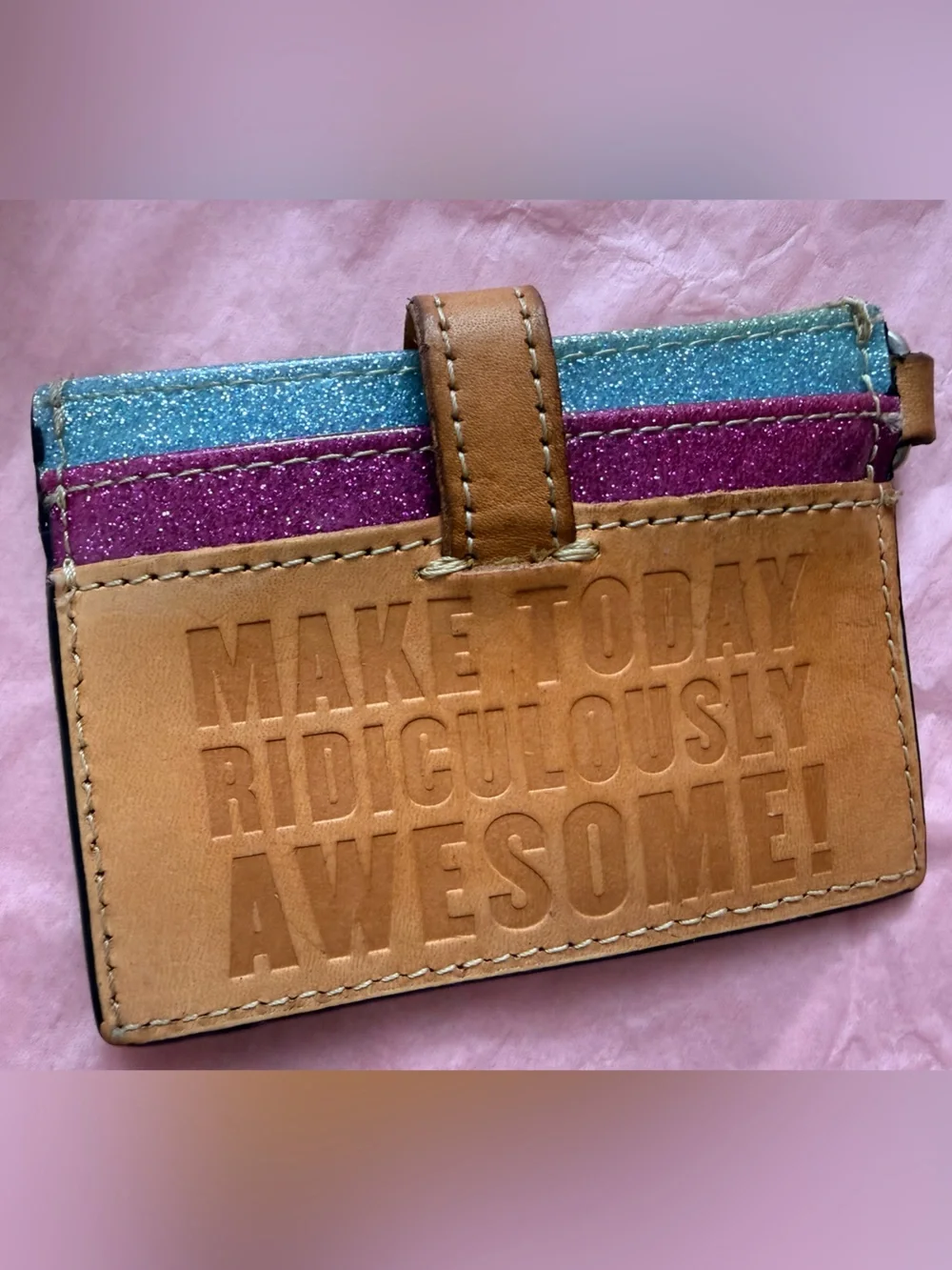 Consuela Tan Leather Card Holder with Pink and Blue Glitter Strips